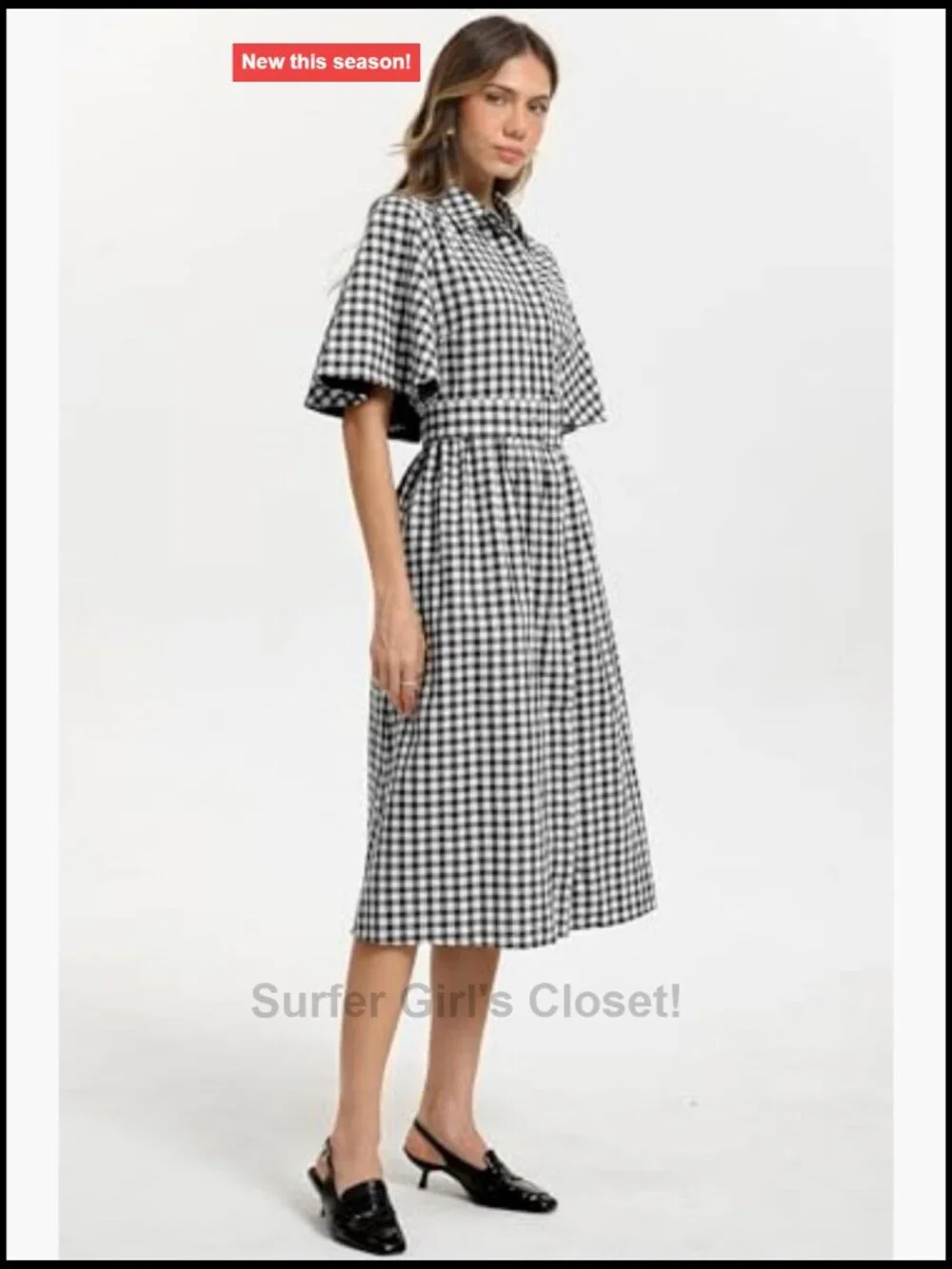 Women's Plaid Shirt Dress Button Down V Neck Cape Sleeves Midi with Belt Pocket
